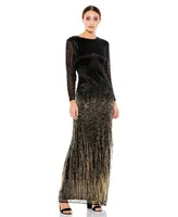 Women's Long Sleeve Beaded Fringe Column Gown