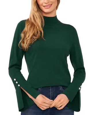 CeCe Women's Imitation Pearl Trim Split Sleeve Mock Neck Sweater