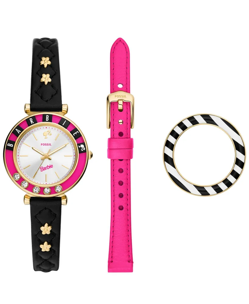 Barbie x Fossil Limited Edition Three-hand Quartz Black Litehide Leather Watch 28mm and Interchangeable Strap Set, 28mm