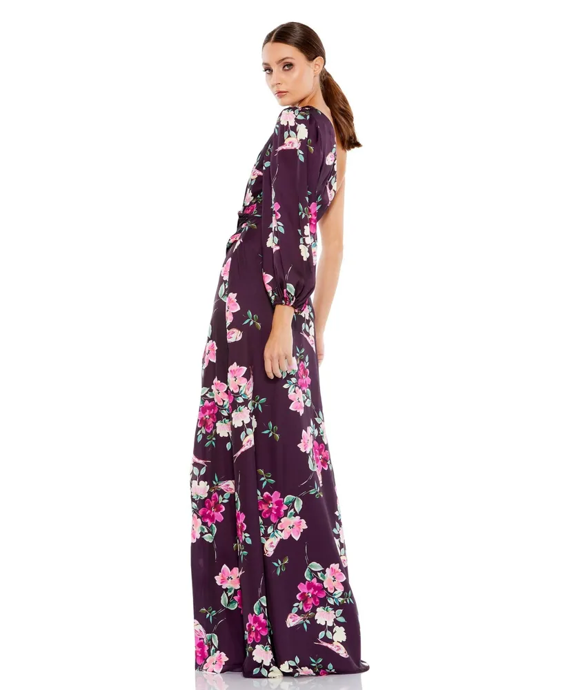 Women's Ieena Plum Floral Print One Sleeve Gown