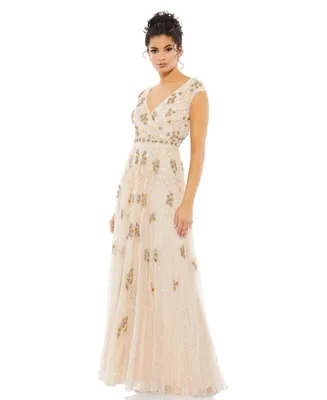 Women's Embellished Wrap Over Cap Sleeve A-Line Gown