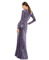 Women's Sequined High Neck Long Sleeve Draped Gown