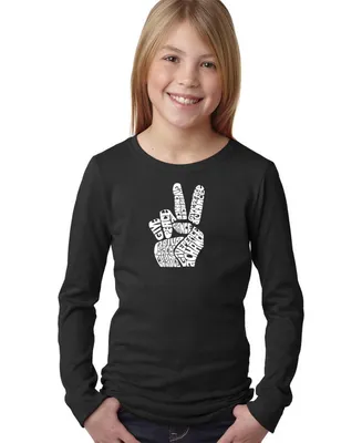 Big Girl's Word Art Long Sleeve T-Shirt - Peace Fingers