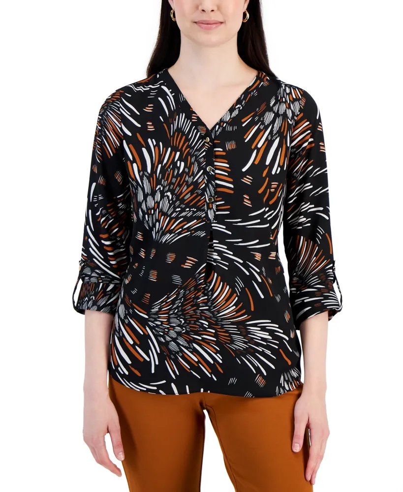 Jm Collection Plus Size Printed 3/4-sleeve Top, Created For Macy's In Deep  Black Combo