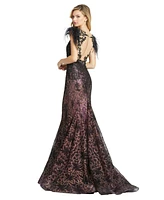 Mac Duggal Women's Embellished Feather Cap Sleeve Illusion Neck Trumpet Gown