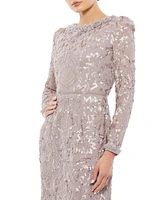 Women's Embellished High Neck Puff Sleeve Fitted Dress