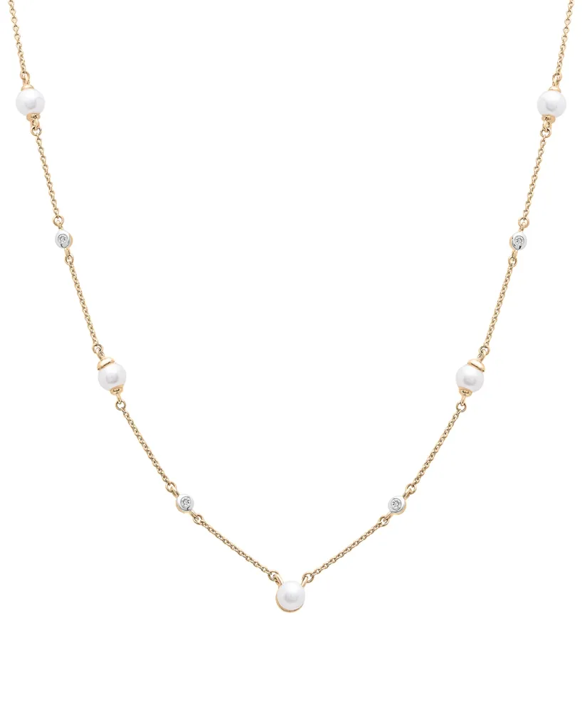 Cultured Freshwater Pearl (4mm) & Diamond Accent Station 17" Collar Necklace in 14k Gold
