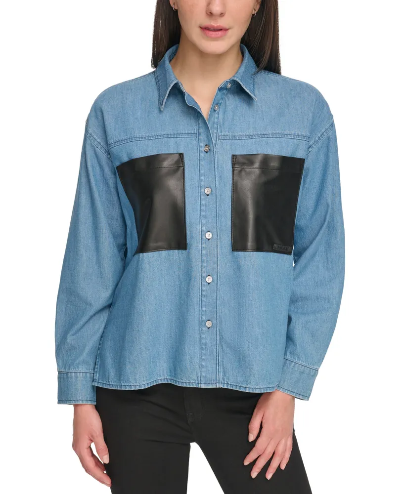 Dkny Jeans Women's Women's Faux-Leather-Pocket Chambray Shirt