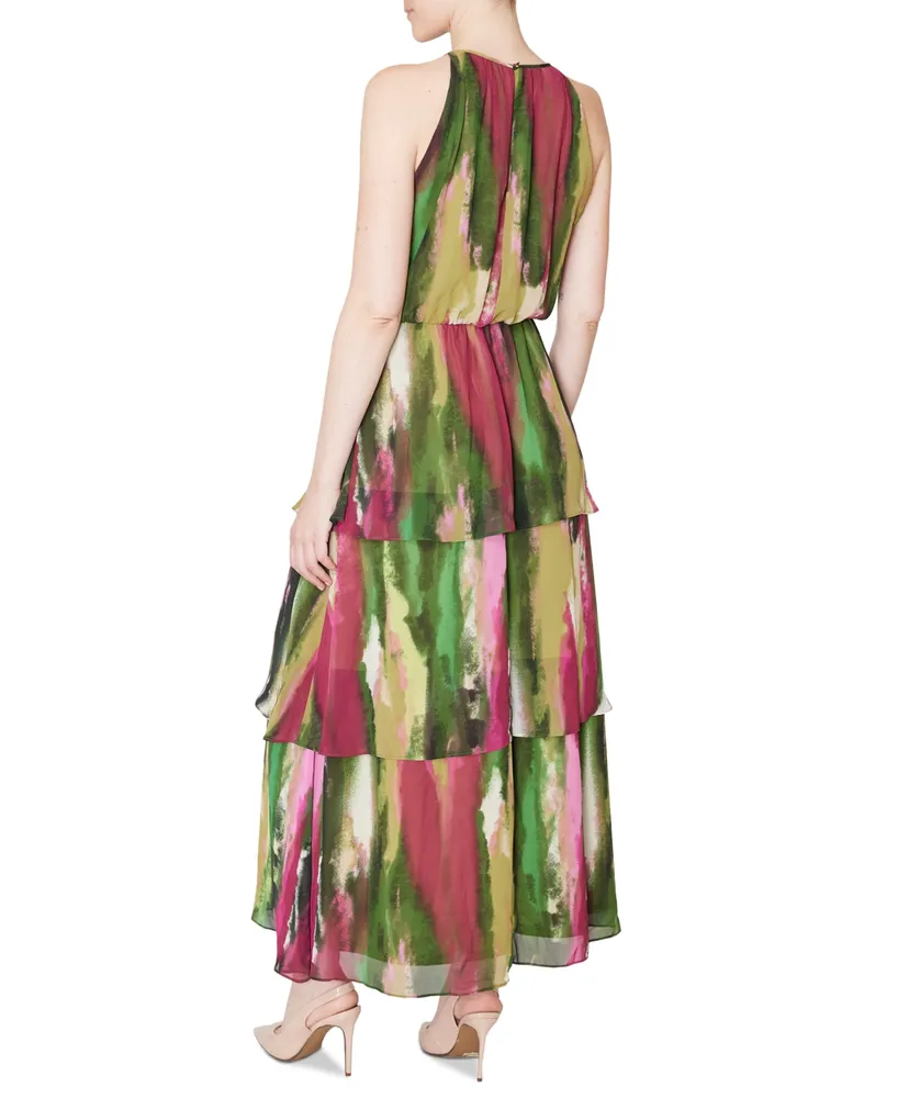 Donna Ricco Women's Printed Sleeveless Tiered Maxi Dress