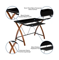 Glass Computer Desk-Pull-Out Keyboard Tray & Crisscross Frame