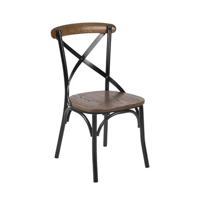 Merrick Lane Tucker Series Industrial Style Black Metal X-Back Dining Chair With Fruitwood Finished Seat And Back