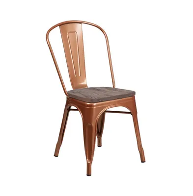 Merrick Lane Calumet Metal Stacking Chair With Curved, Slatted Back And Rustic Wood Seat