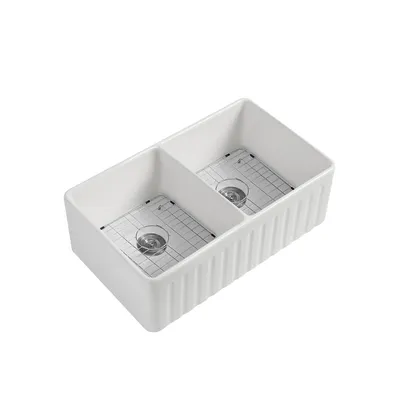 Simplie Fun Fireclay 33 L X 20 W Double Basin Farmhouse Kitchen Sink With Grid And Strainer