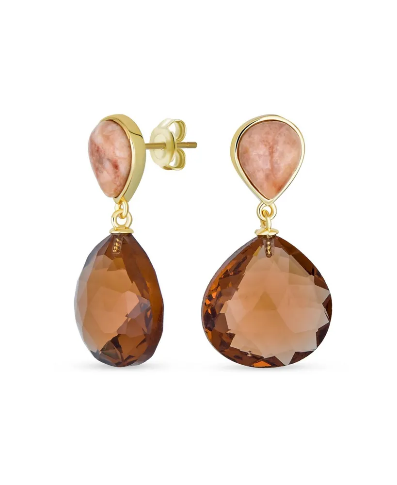 Bling Jewelry Elegant Translucent Briolette Peach Chocolate Brown Pear Shaped Natural Smoky Quartz Faceted Teardrop Drop Earrings Women Gold Plated