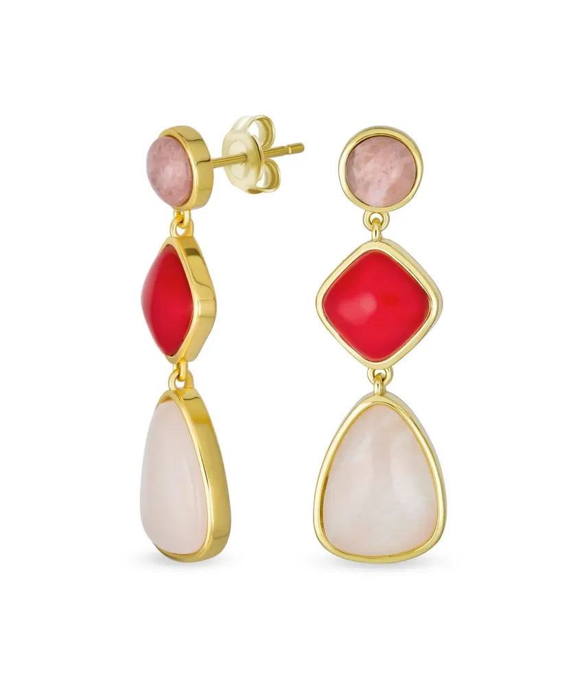 Bling Jewelry Unique Long Round Square Teardrop Shape 3 Multi-Tier Summer Party Red Peach Pink Synthetic Quartz Dangling Earrings Gold Plated