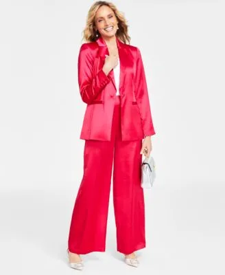 I.N.C. International Concepts Womens Satin Notch Collar Blazer Satin High Rise Wide Leg Pants Layering Camisole Top Created For Macys