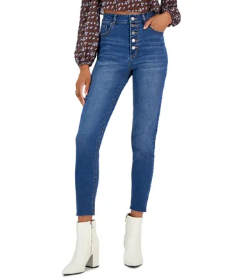 Tinseltown Juniors' Multi-Button Cut-Hem Skinny-Leg Denim Jeans