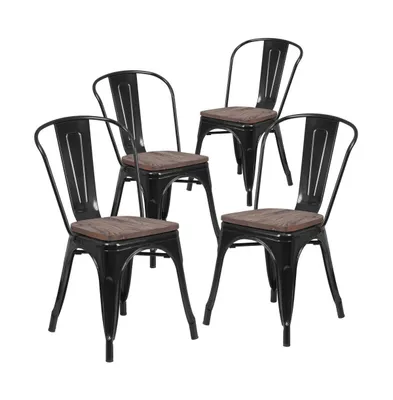 Emma+Oliver 4 Pack Metal Stackable Chair With Wood Seat