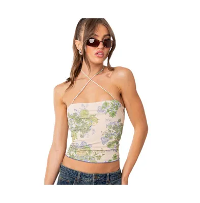 Women's Garden Party Printed Mesh Top - Green-and