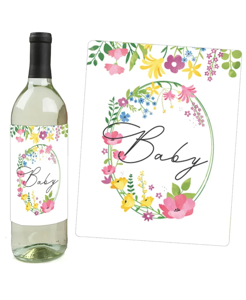 Wildflowers Baby Boho Floral Baby Shower Wine Bottle Label Stickers 4 Ct - Assorted Pre