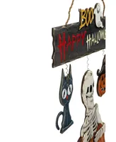 14.5" Skeleton with Jack-o'-Lanterns and Cat "Happy Halloween" Hanging Decoration