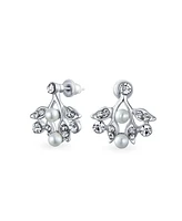 Bling Jewelry Large Fashion Leaves Leaf Motif Simulated White Pearl Cubic Zirconia Pave Cz Leaf Bib Statement Necklace Jewelry Set s