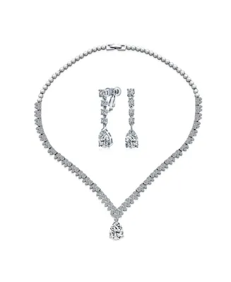 Bling Jewelry Art Deco Leaf Teardrop Cubic Zirconia Aaa Cz Statement Collar V Necklace & Chandelier Dangle Clip on Earrings Bridal Jewelry Set Wedding