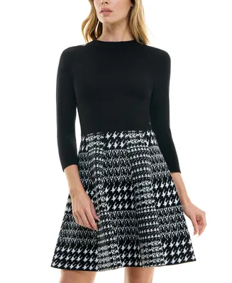 Bcx Juniors' Houndstooth-Skirt Long-Sleeve Sweater Dress