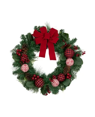 Bow and Mixed Foliage Artificial Christmas Wreath with Ornaments 30"