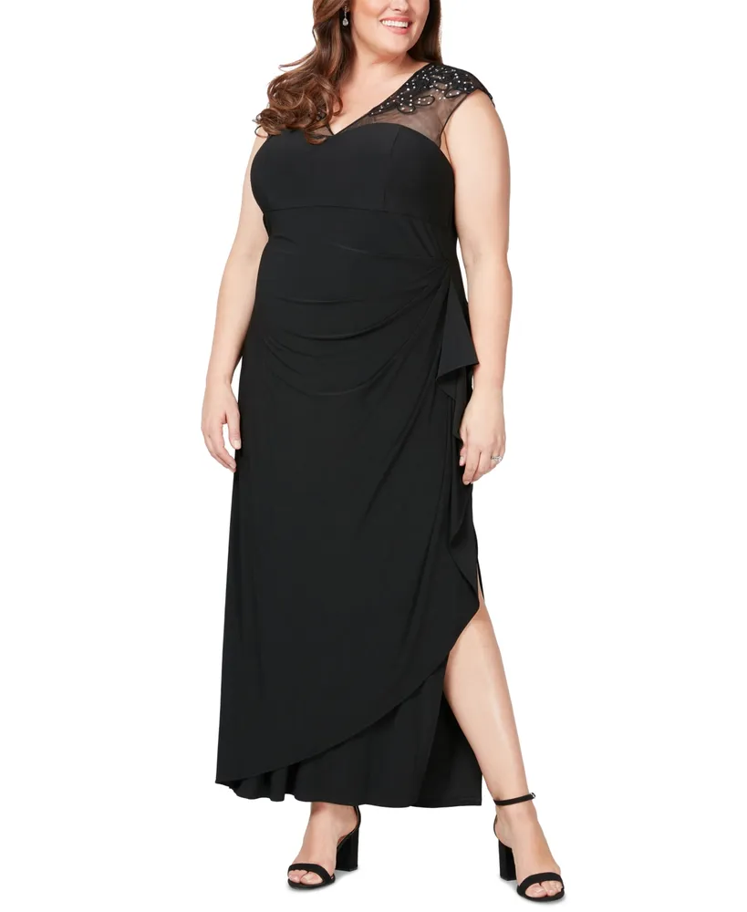 Alex Evenings Plus Size Embellished Empire-Waist Ruched Illusion Dress