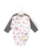 Hudson Baby Girls Cotton Long-Sleeve Bodysuits, Basic Pink Floral, 3-Pack