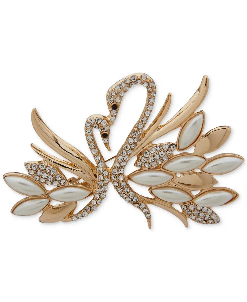 Anne Klein Gold-Tone Imitation Pearl Crystal Swans Pin