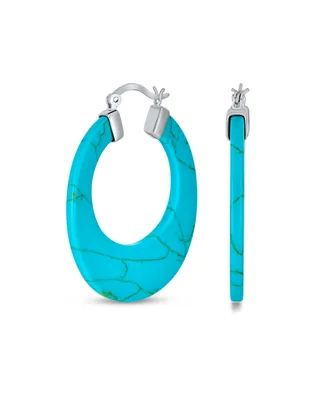 Bling Jewelry Wide Flat Blue Turquoise Gemstone Large Oval Hoop Earrings For Women Teen .925 Sterling Silver More Colors 1.5" Diameter