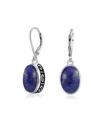 Bling Jewelry Western Style 3CT Oval Dome Blue Natural Lapis Lazuli Bezel Drop Dangle Lever Back Earrings For Women Sterling Silver