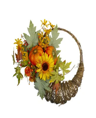Cornucopia and Sunflower with Pumpkins Artificial Thanksgiving Wreath - 20" Unlit