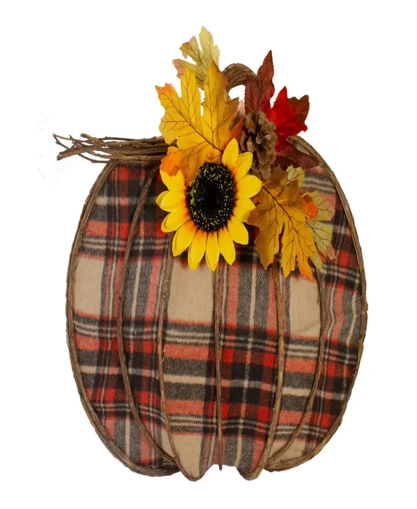 14" Orange and Brown Plaid Fall Harvest Pumpkin Wall Decor