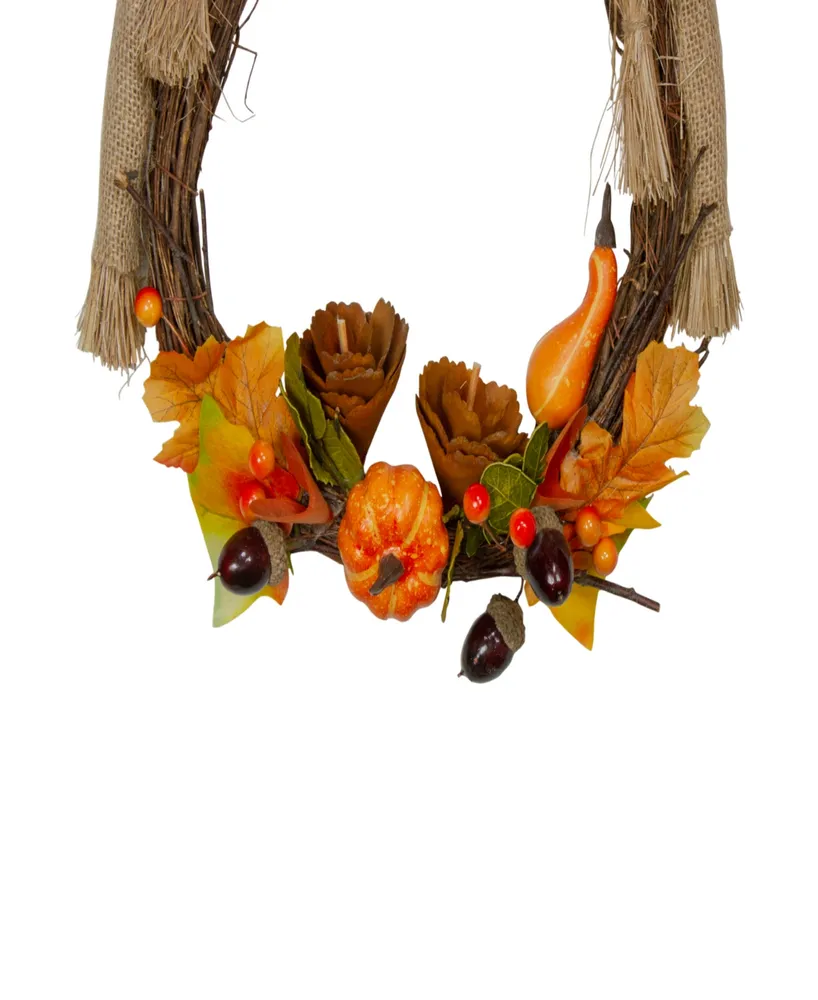 20" Yellow and Tan Fall Harvest Scarecrow Artificial Wreath Wall Decor