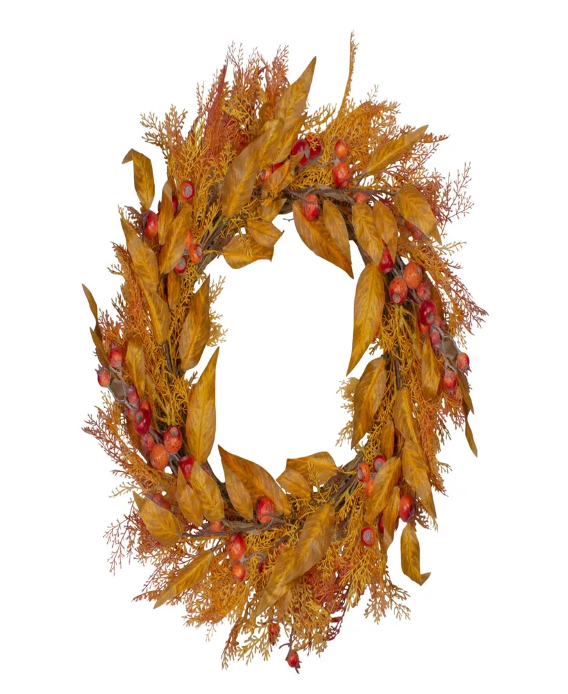 Yellow and Orange Berry and Leaves Fall Harvest Artificial Wreath - 24" Unlit