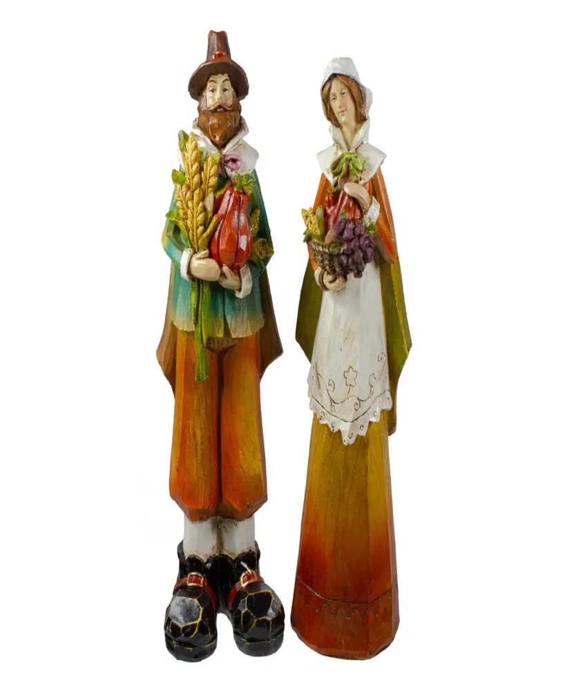 Set of 2 Male and Female Pilgrim Wooden Thanksgiving Figurines