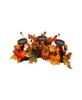 21" Orange Fall Harvest Leaves and Pumpkins Candle Holder