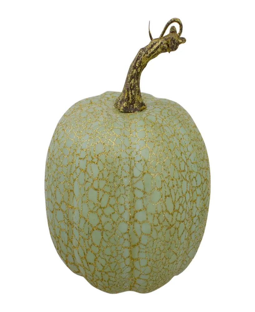 Set of 2 Green and Gold-Tone Crackle Fall Harvest Tabletop Thanksgiving Pumpkins 5"