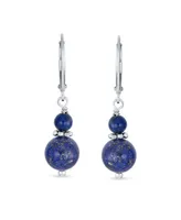 Bling Jewelry Blue Natural Lapis Lazuli Bali Milgrain Edged Beaded Rondel Separator Double Ball Round Drop Dangle Earrings Sterling Silver Lever back