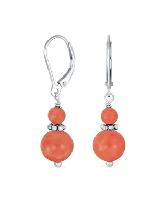 Bling Jewelry Gemstone Natural Orange Peach Coral Boho Bali Milgrain Edged Beaded Rondel Separator Double Ball Round Drop Dangle Earrings Sterling Sil