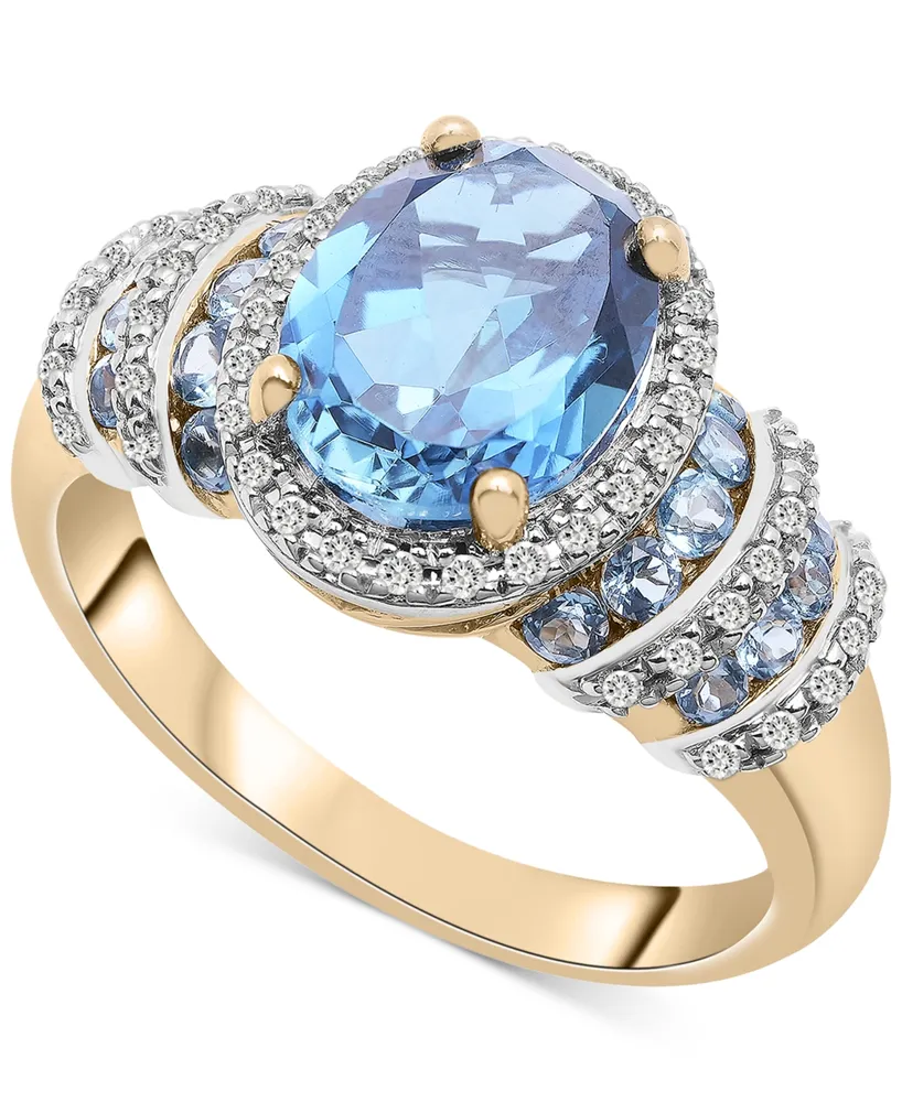 Blue Topaz (3 ct. t.w.) & Diamond (1/20 ct. t.w.) Halo Statement Ring in 14k Gold-Plated Sterling Silver