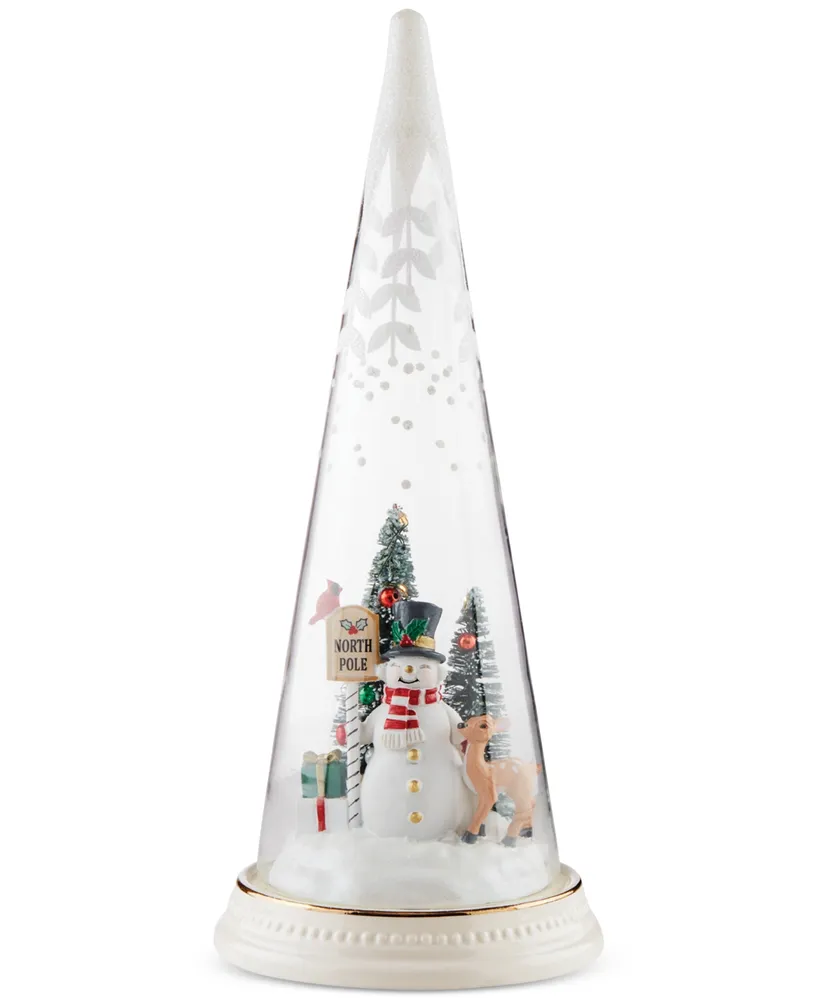 Lenox Lighted Christmas Cone With North Pole Snowman Scene Figurine