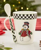 Christmas Tree Santa Black & White Porcelain Mug & Spoon Set