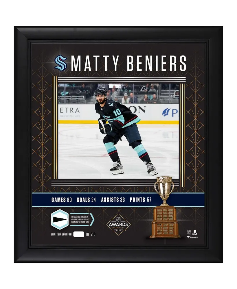 Matty Beniers Seattle Kraken 2023 Calder Trophy Winner Framed 15" x 17" Photograph with Piece of Game-Used Puck - Limited Edition of 510