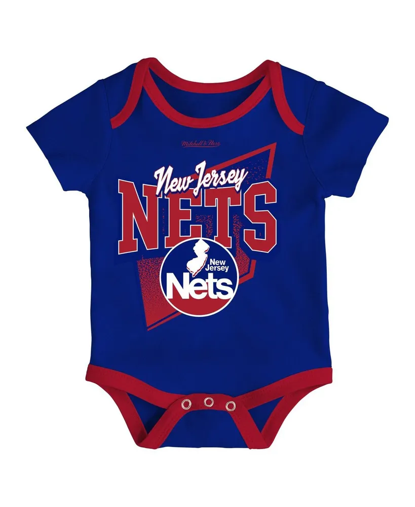 Newborn and Infant Boys Girls Mitchell & Ness Blue, Red New Jersey Nets 3-Piece Hardwood Classics Bodysuits Cuffed Knit Hat Set