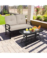 Costway 2PCS Patio Loveseat Bench Table Furniture Set Cushioned Chair
