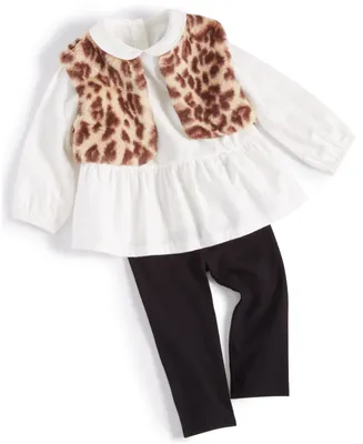 First Impressions Baby Girls Faux Fur Leopard Vest, Collared Top and Pants, 3 Piece Set, Created for Macy's